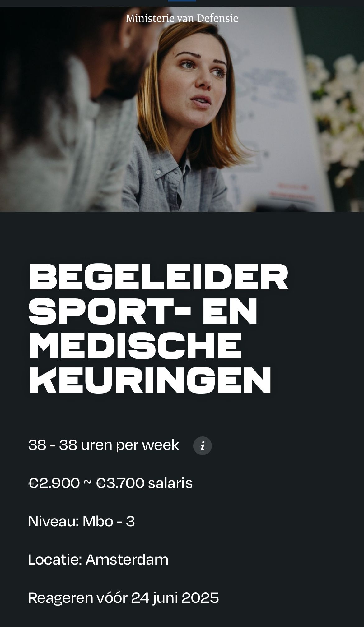 Een leuke en afwisselende baan in een leuk team op een mooie locatie op een paar minuten afstand van het centrum van onze hoofdstad. 

Via de link https://lnkd.in/efVk_UeD is terug te vinden hoe je werkweek eruit zou komen te zien. 
#vacature #dcpl #bugerbijdefensie #werkenbijdefensie