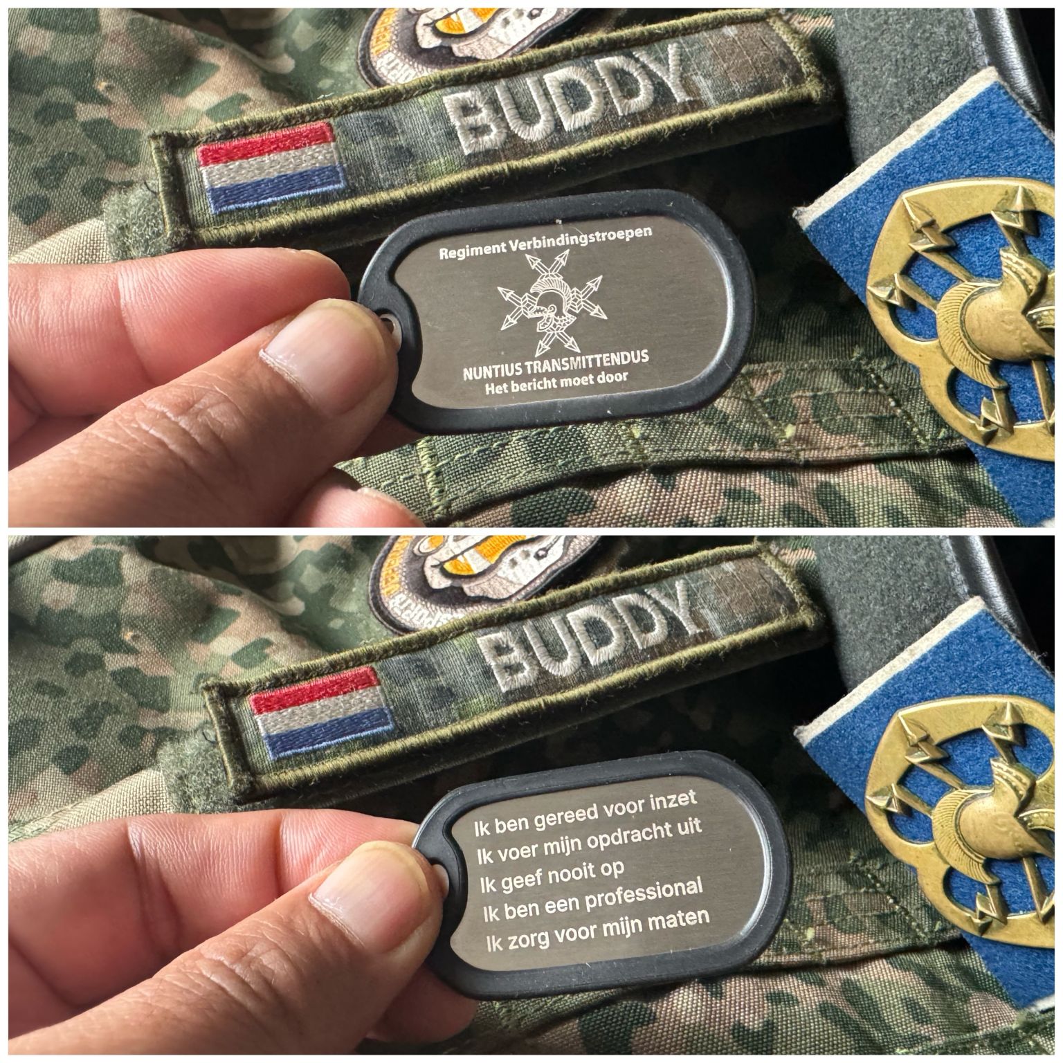 Grote evenementen zoals Defensie Base Camp is voor ons ook een soort van reünie. Je komt weer vrienden/collega’s tegen die je misschien jaren niet meer hebt gezien en/of gesproken, o.a. kwam ik Adjudant Hans tegen. Bij kunnen kletsen en ik kreeg van hem de volgende tag.

De tag vertelt wie wij zijn en geeft richting aan onze dagelijkse werkzaamheden. Daarnaast verbindt de tag ons met elkaar. In september hebben alle korpsen en regimenten de tags ontvangen van C-LAS. Op de ene kant staat wie wij zijn en waar we voor staan. Op de andere kant de beeltenis van ons eigen regiment. De boodschap van de tag sluit aan bij de Command Message van C-LAS.

[Alt-tekst in foto]

#defensie #dosco #clas #dcpl #werkenbijclas #koninklijkelandmacht #landmacht #werkenbijdefensie #buddybijdefensie #buddy #verbindingdienst #verbindelaar #defensieinclusief #diversiteit #inclusie