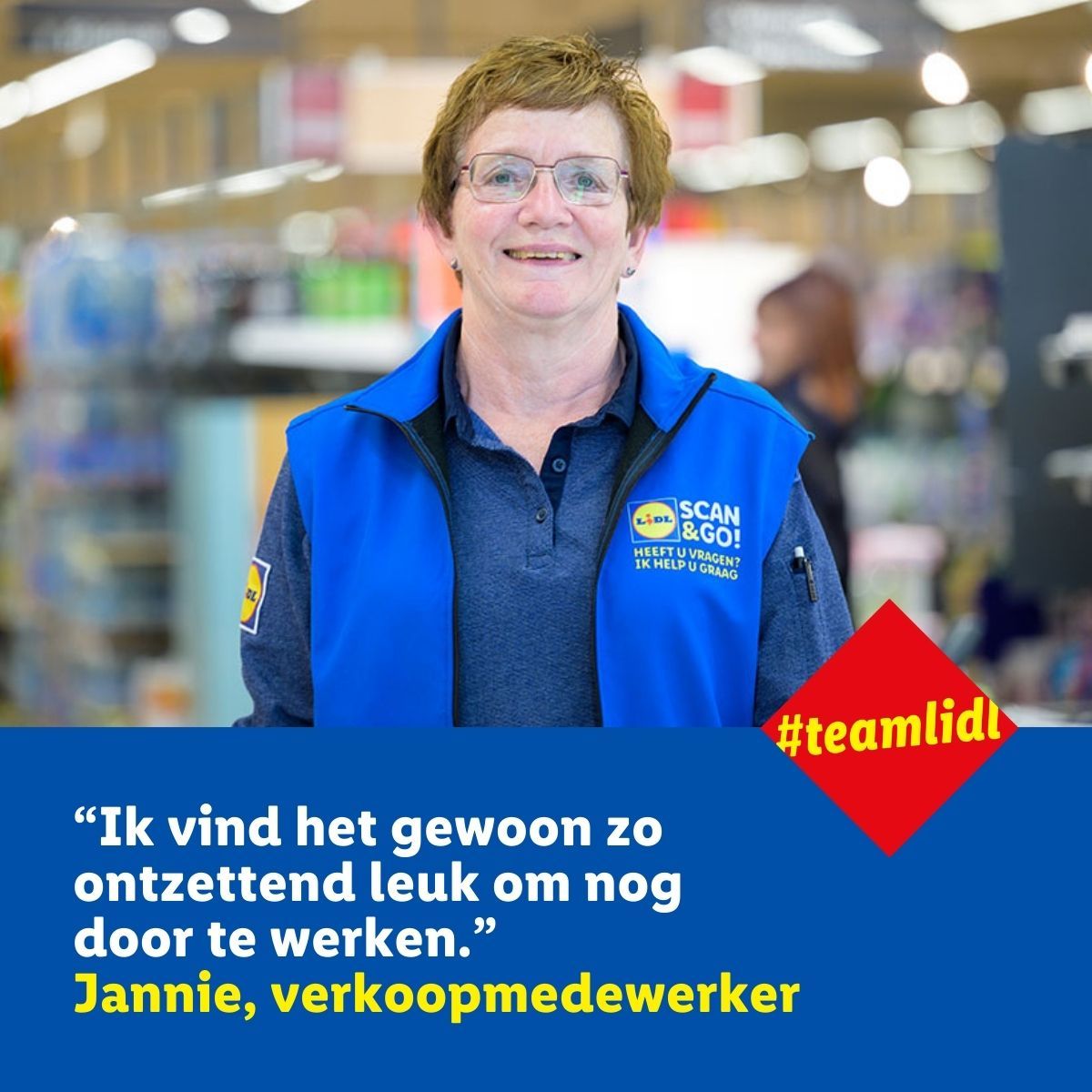We hebben in Nederland te maken met dubbele vergrijzing. Het aantal ouderen neemt toe en de gemiddelde leeftijd stijgt. Ook onze collega's bij Lidl Nederland worden ouder en daarom hebben we aandacht voor duurzame inzetbaarheid. Onze collega Jannie ❤️💛💙 is een mooi voorbeeld van duurzaam inzetbaar zijn en blijven. Ze vertelt waarom zij is blijven werken na haar pensioenleeftijd en wat dit haar brengt: "Ik vind het gewoon zo ontzettend leuk om nog door te werken, en dan heb je het geluk dat je er nog voor betaald wordt ook!" Meer lezen? De link naar haar verhaal staat in de comments ⬇️  #teamlidl #werkenbijlidl #duurzameinzetbaarheid
