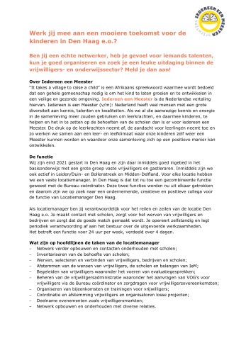 Word jij mijn nieuwe collega in een leuk team? 🤩 Bij Iedereen een Meester zijn we op zoek naar een Locatiemanager voor Den Haag e.o.. Samen zetten we ons in voor een maatschappij waarin iedereen een meester is!